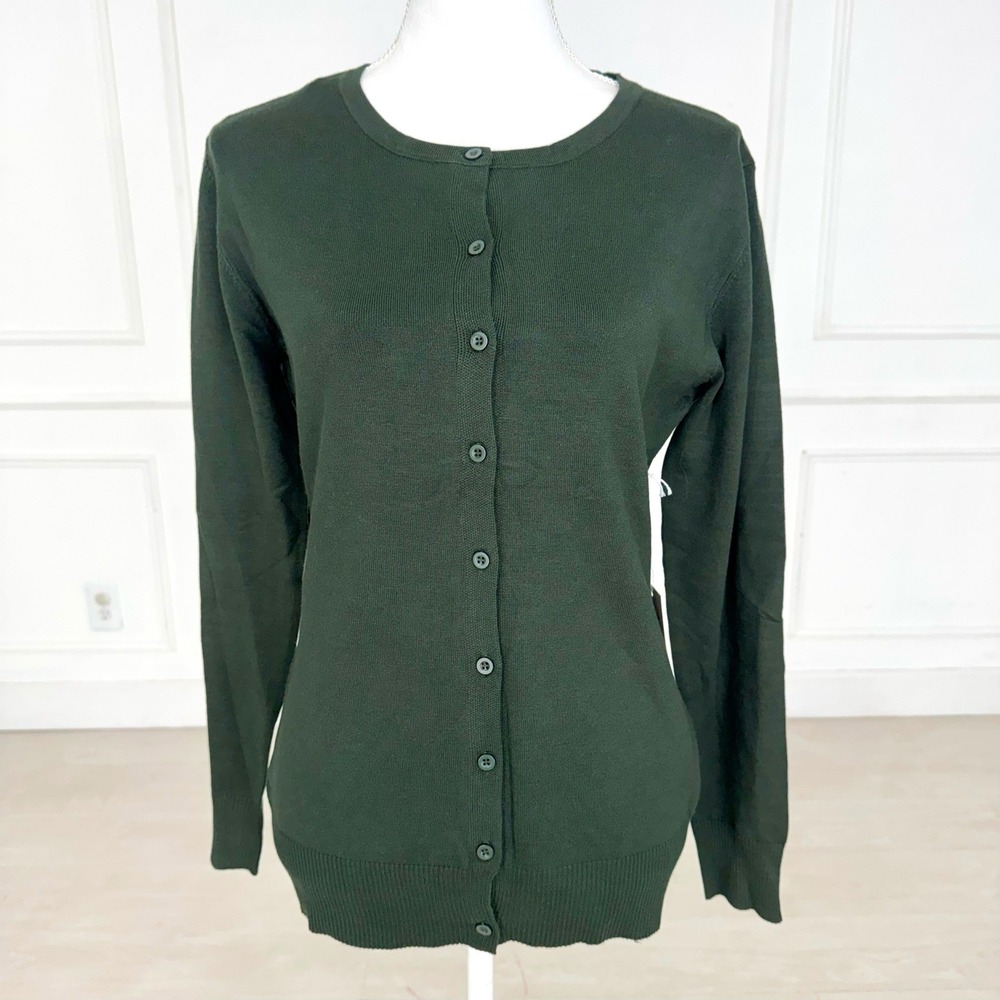 Cielo Womens XL Forest Green Button Front Crew Neck Cardigan Knit Sweater NEW